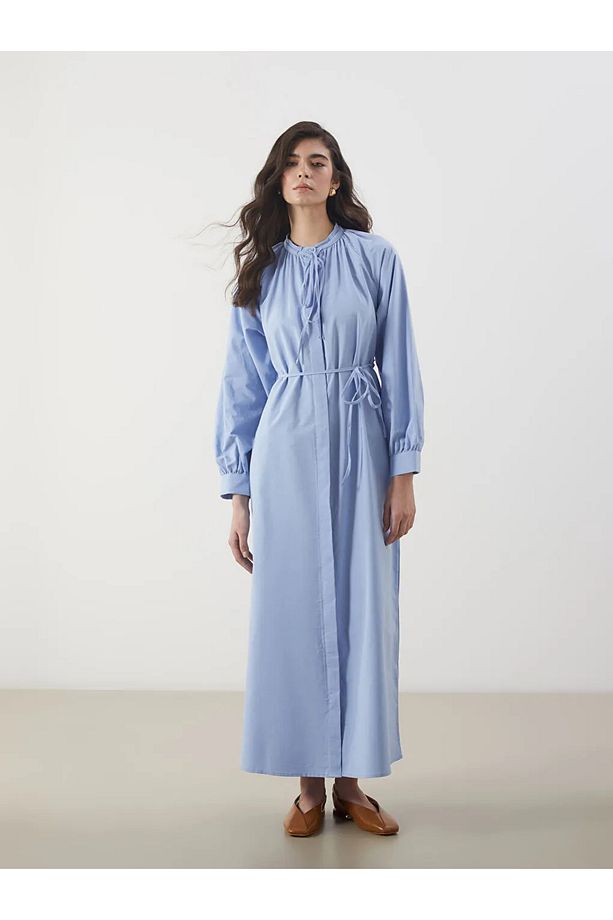 LCW Modest Mavi Bağlamalı Yaka Poplin Gömlek Elbise - 1