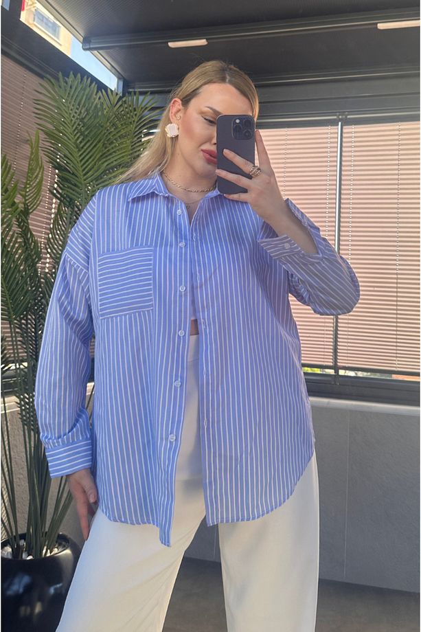 Açık Mavi Tek Cepli Çizgili Oversize Modal Gömlek - 7