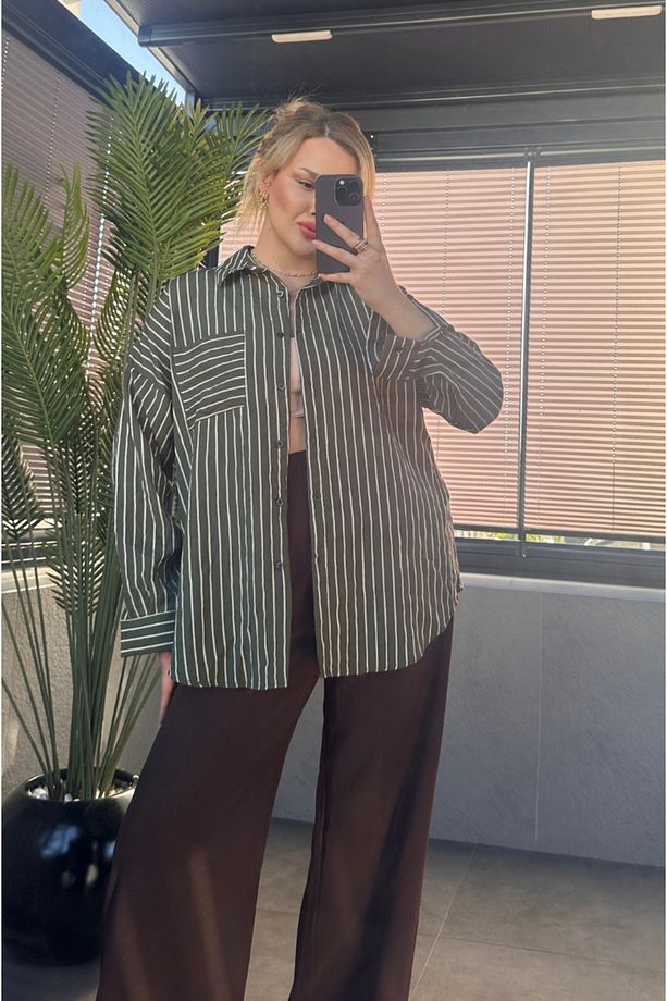 Haki Tek Cepli Çizgili Oversize Modal Gömlek - 2