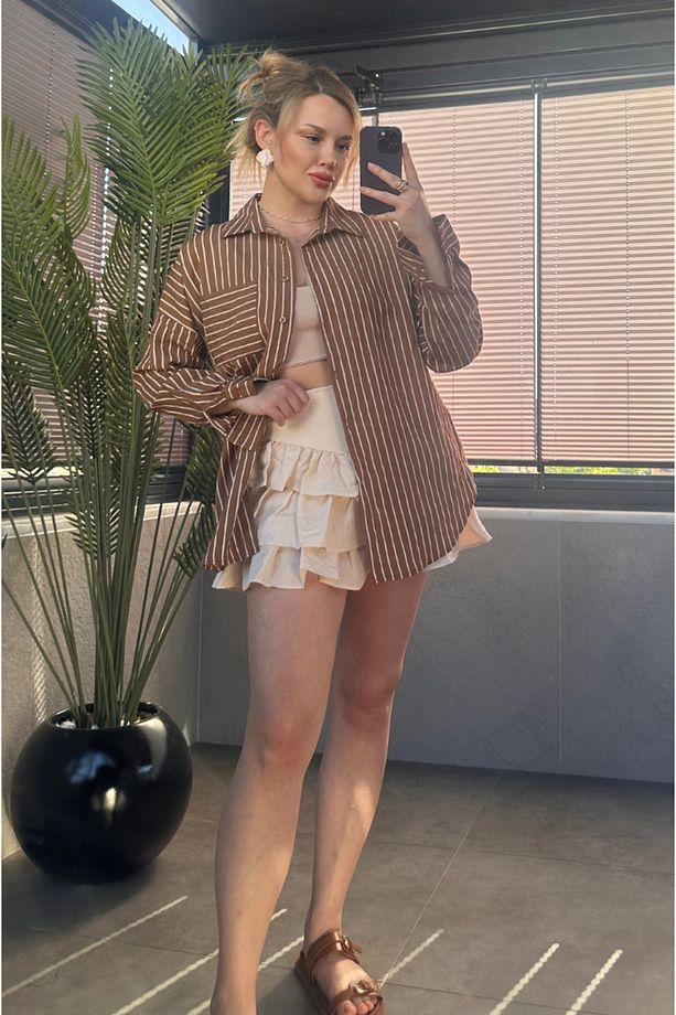 Camel Tek Cepli Çizgili Oversize Modal Gömlek - 6