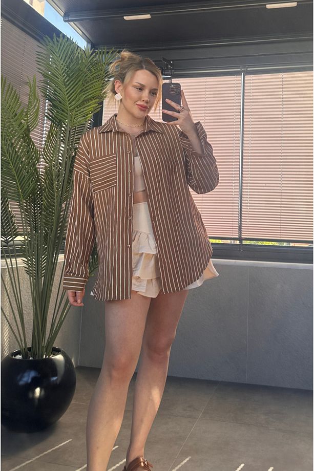 Camel Tek Cepli Çizgili Oversize Modal Gömlek - 7