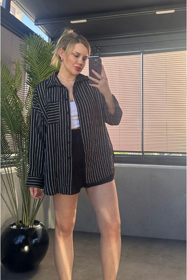 Siyah Tek Cepli Çizgili Oversize Modal Gömlek - 4