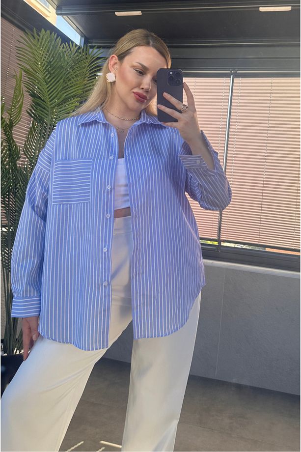 Açık Mavi Tek Cepli Çizgili Oversize Modal Gömlek - 5