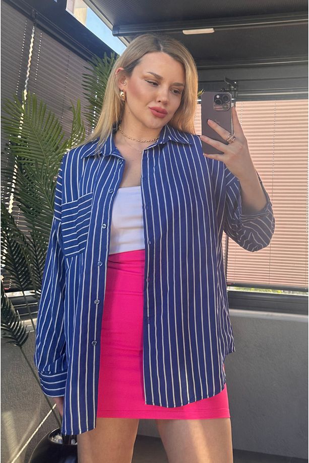 Koyu Mavi Tek Cepli Çizgili Oversize Modal Gömlek - 4