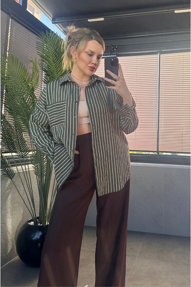 Haki Tek Cepli Çizgili Oversize Modal Gömlek - 8