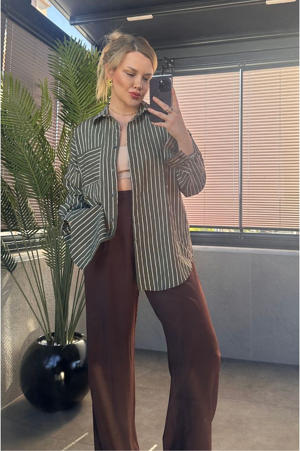 Haki Tek Cepli Çizgili Oversize Modal Gömlek - 4