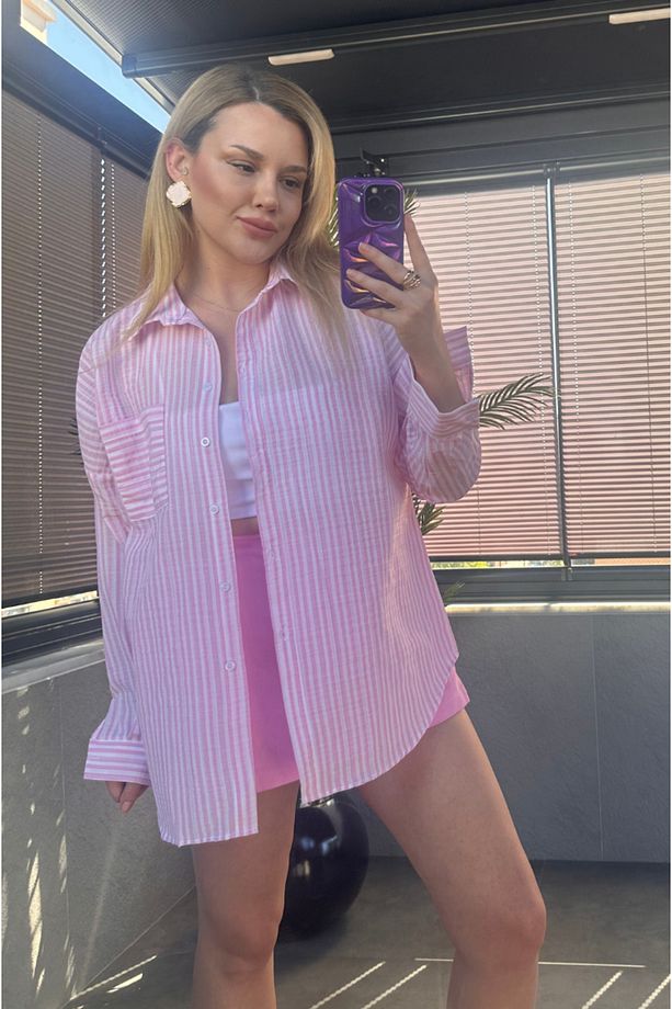 Pembe Tek Cepli Çizgili Oversize Modal Keten Gömlek - 5