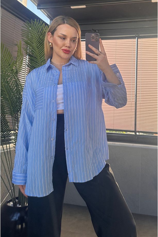 Bebe Mavisi Tek Cepli Çizgili Oversize Modal Gömlek - 4