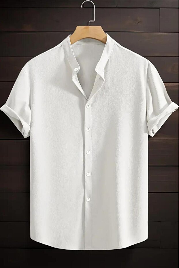 Laend Slim Fit Short Sleeve Hakim Collar Men's Shirt