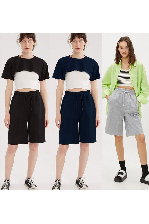 3' lü Comfort Label Bağcıklı Oversize Uzun Kadın Bermuda Şort - 5