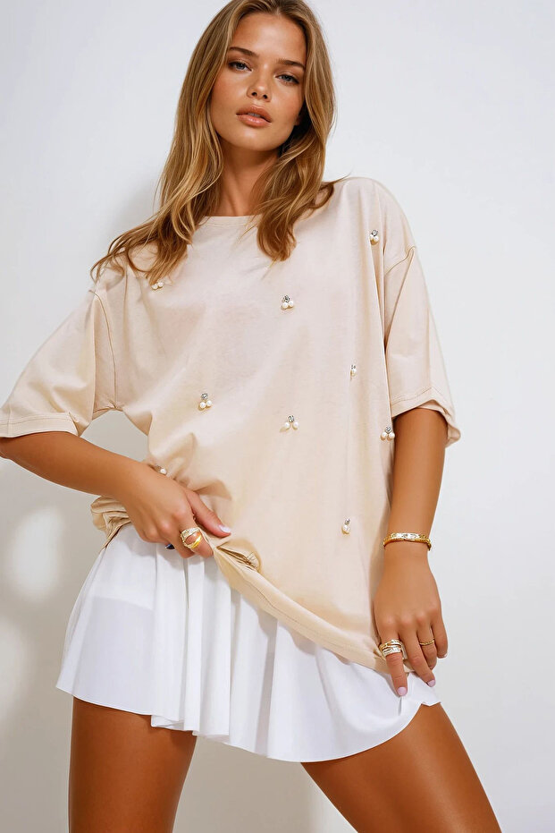 Women's Beige Crew Neck Oversized Pearl and Stone Embroidered T-Shirt Prmx11964