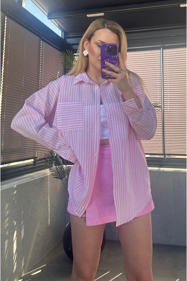 Pembe Tek Cepli Çizgili Oversize Modal Keten Gömlek - 4