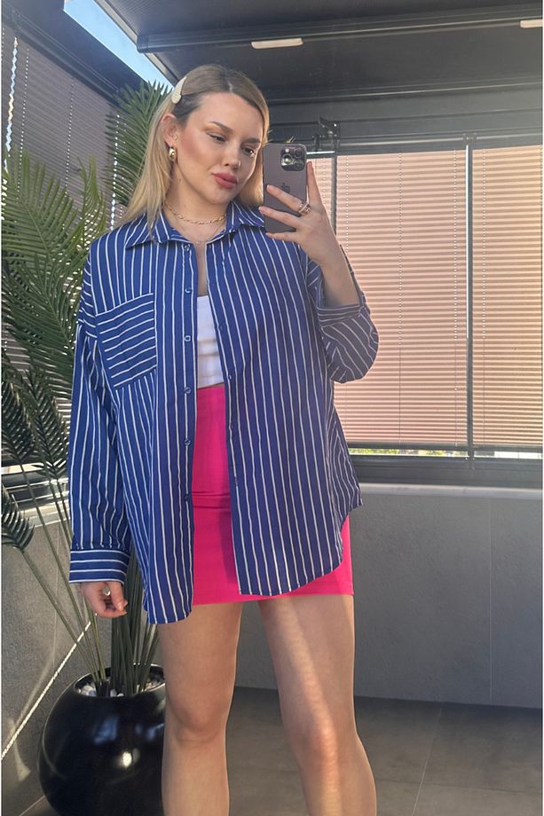 Koyu Mavi Tek Cepli Çizgili Oversize Modal Gömlek - 2