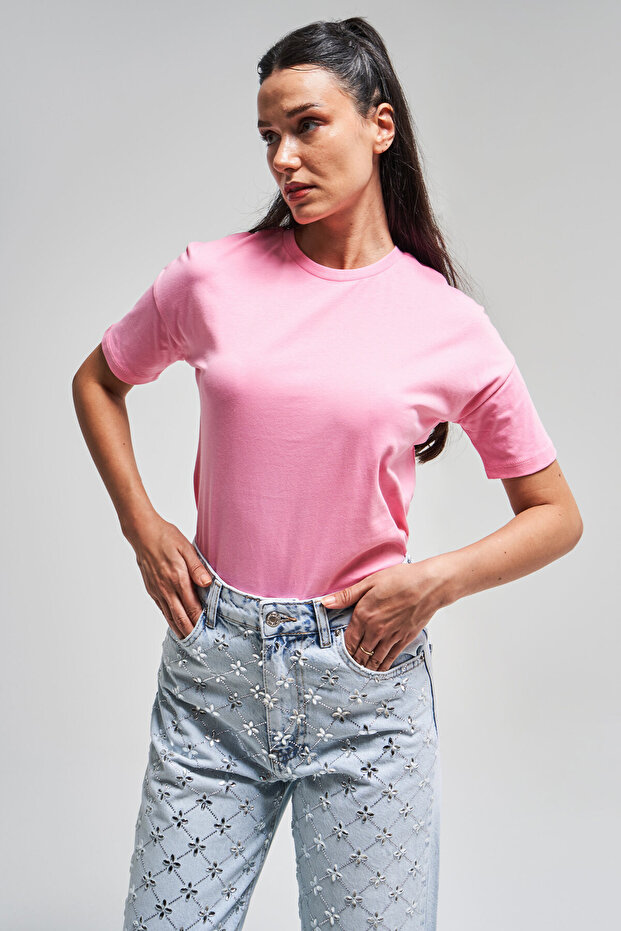 Kadın Pembe Renk S5-115 Bisiklet Yaka Basic T-Shirt - 5