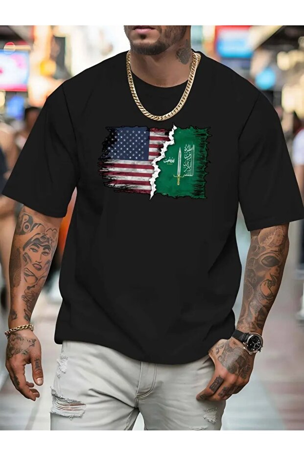Casual Summer Flag Print T-Shirt for Men - Short Sleeve, Round Neck, Breathable