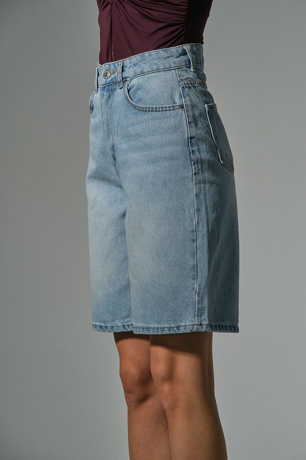 Metalik %100 Pamuk Yüksek Bel Gabardin None Denim 5 Cep Kadın Bermuda Şort @udine - 3