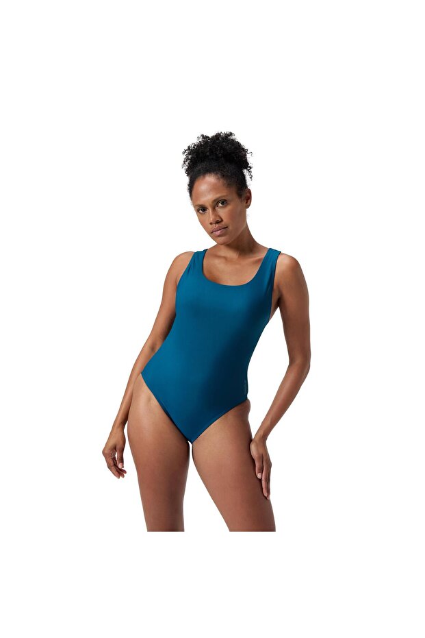 Solid Scoop Neck Mesh Kadın Yüzücü Mayosu - 1