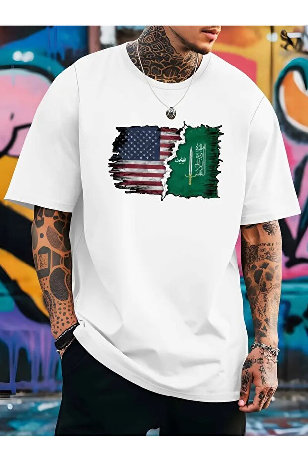 Casual Summer Flag Print T-Shirt for Men - Short Sleeve, Round Neck, Breathable