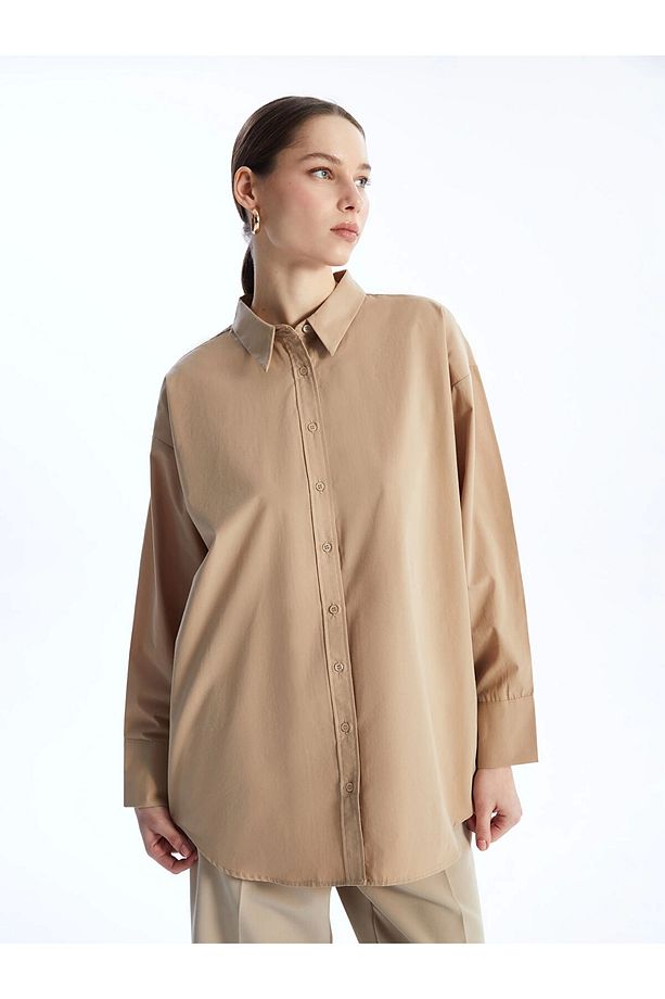 LCW Modest Kahverengi Düz Poplin Kadın Gömlek Tunik - 1
