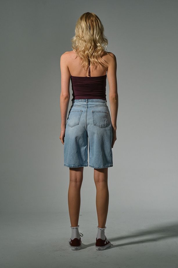 Metalik %100 Pamuk Yüksek Bel Gabardin None Denim 5 Cep Kadın Bermuda Şort @udine - 5