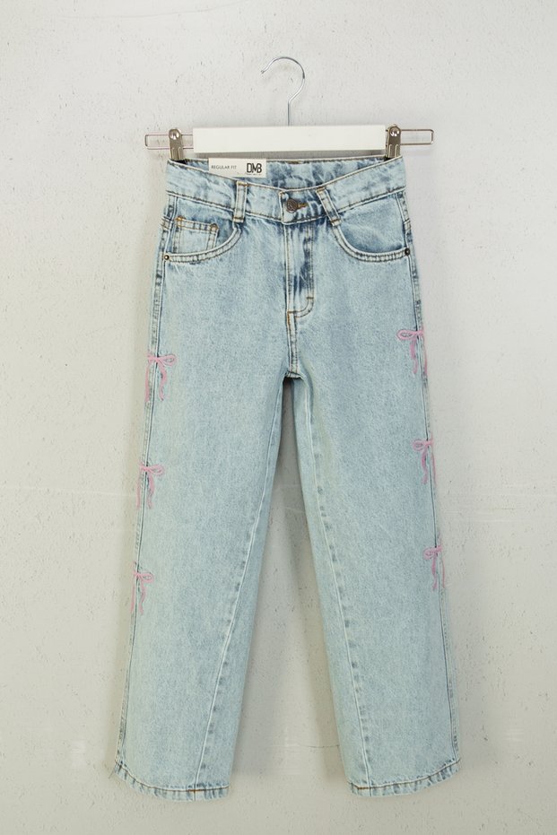 Girl Child Bow Embroidery Cotton Waist Adjustable Jeans