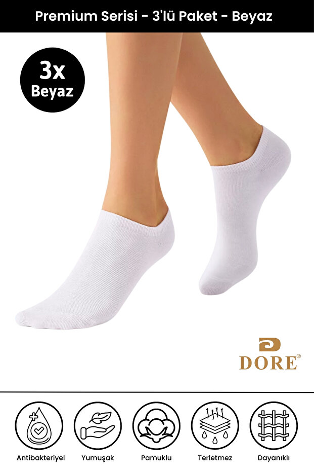Original Unisex 3 Pairs Natural Cotton Comfort Model Non-Removable Breathable Non-Sweating Seamless Elastic Flexible Short Ankle Invisible Sneaker Booties Socks - 3 Pieces White