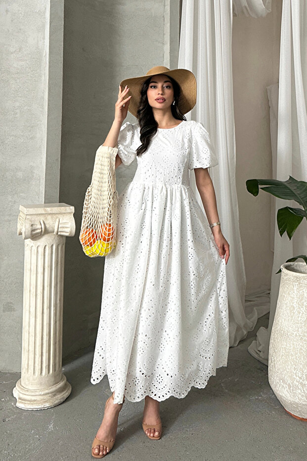 Imported Special Design Elastic Waist Tie-Back Detail Floral Pattern Premium Eyelet Embroidery Dress