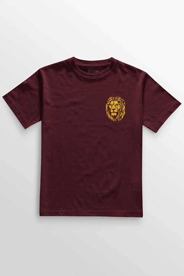 Unisex Claret Red T-Shirt Lion Head Yellow Red Mane Minimal Front Printed T-Shirt