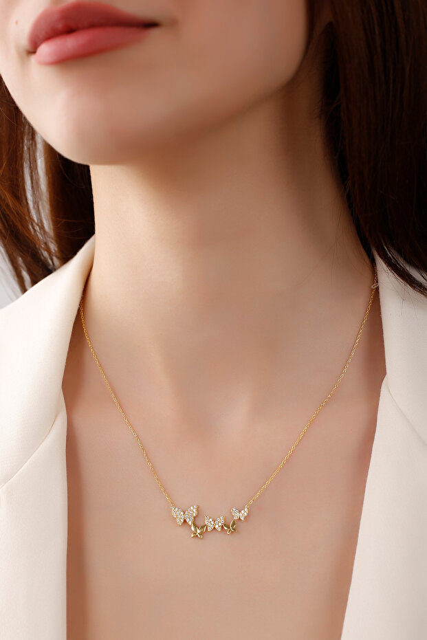 925 Ayar Gümüş 5 Li Uçan Kelebek Kolye 14 Ayar Altın Rengi - 2