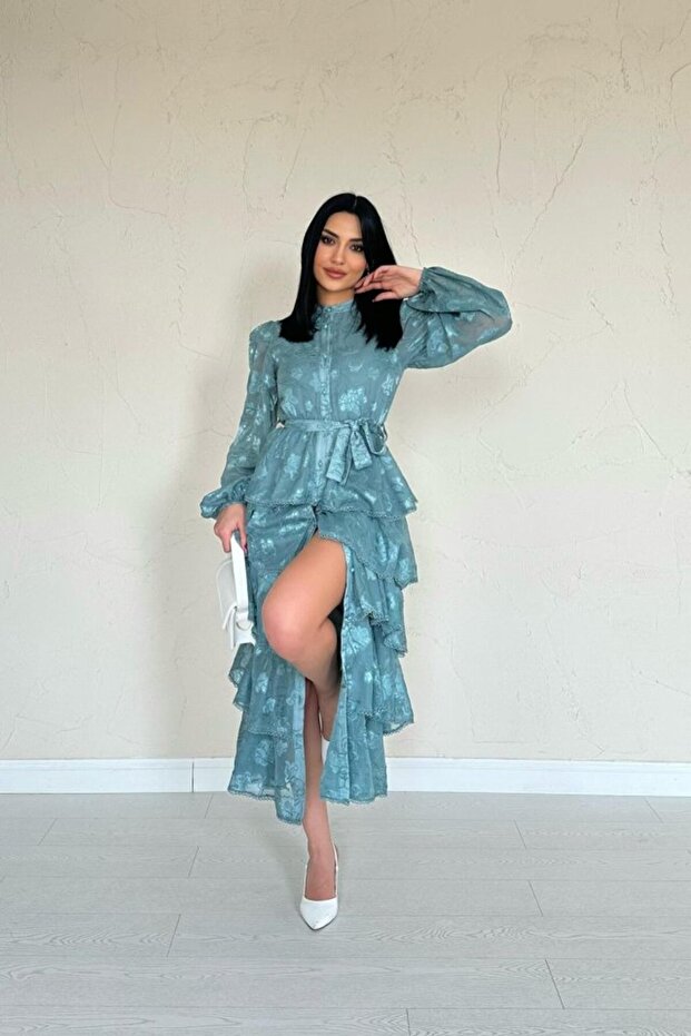 Mint Valonlu Şeritli Kat Kat Elbise - 3