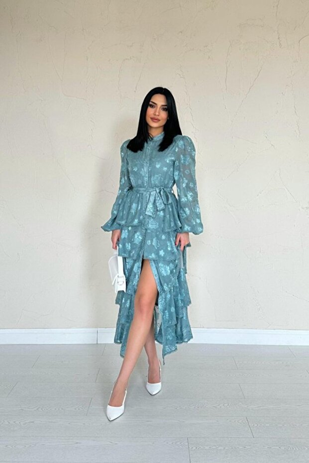 Mint Valonlu Şeritli Kat Kat Elbise - 2