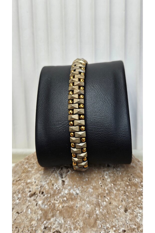 Macrame Hematite Stone Bracelet 3 Wrap - 1