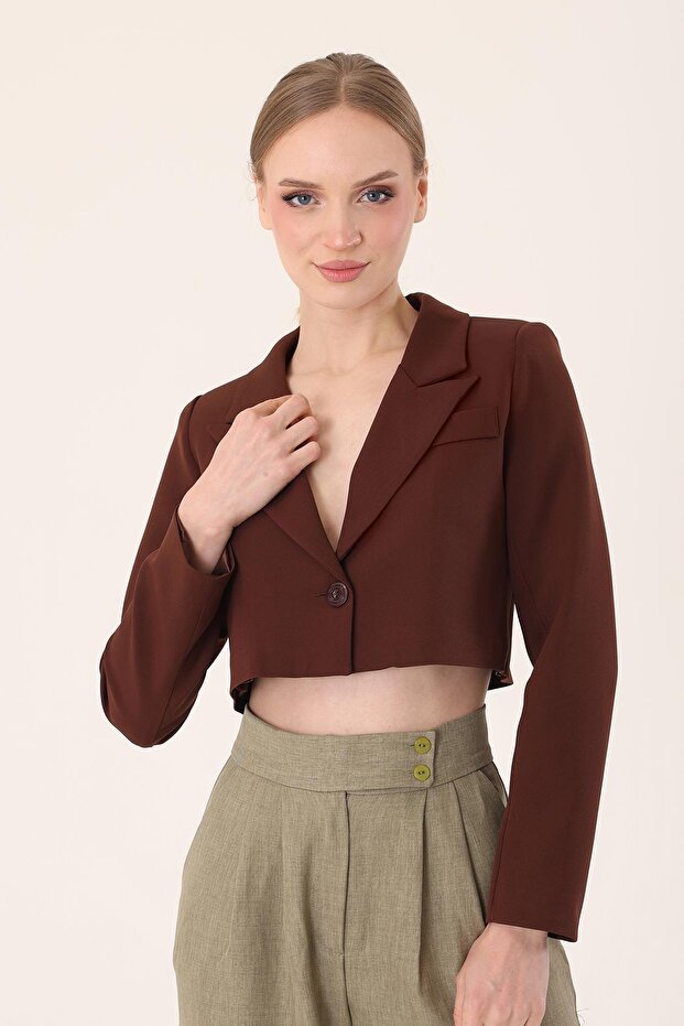 Crop Blazer Jacket-Brown - 3