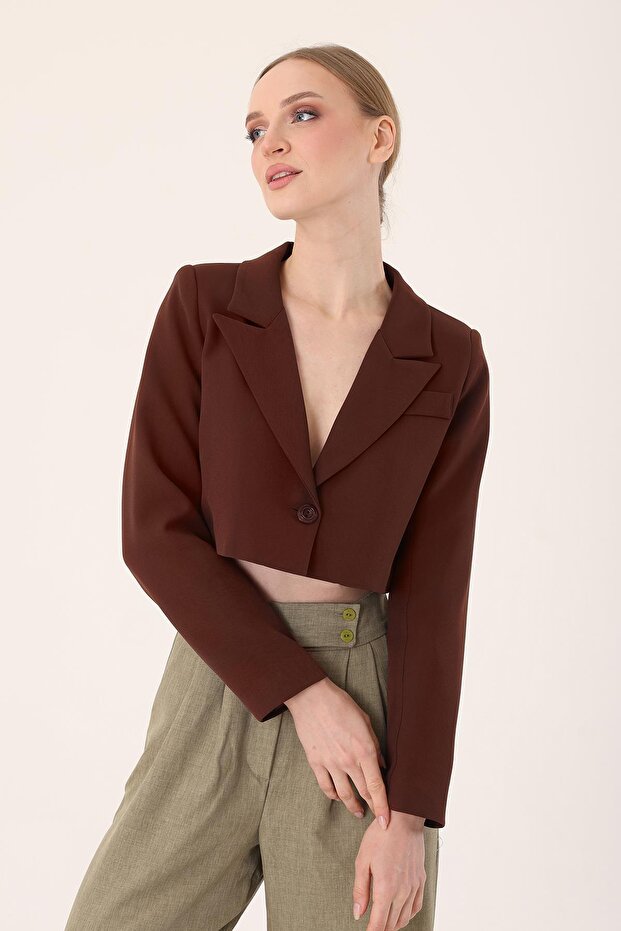 Crop Blazer Jacket-Brown - 1