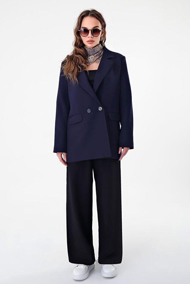 Navy Blue Double Button Blazer Jacket - 2
