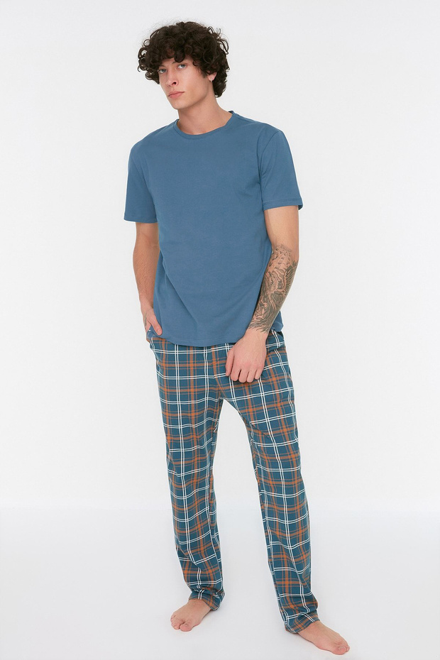 Lacivert Ekose Örme %100 Pamuk Regular Fit Pijama Takımı THMSS21PT0328 - 4