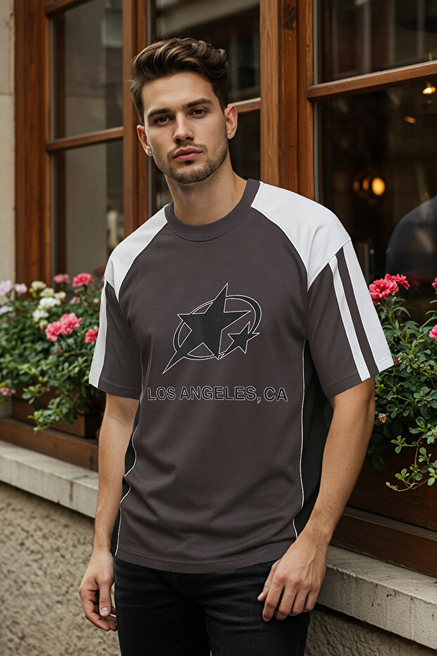 Antrasit Kolej Oversize/Geniş Kesim %100 Pamuk Renk Bloklu T-Shirt TMNSS25TS00095 - 2