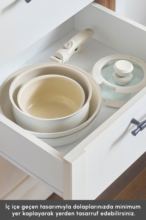 x Refika Swiss Crystal Almond Cream Easy Clip 7 Parça İndüksiyon Tabanlı Tencere / Tava Seti - 7