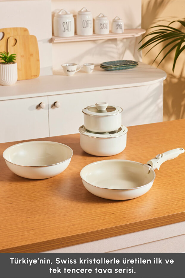 x Refika Swiss Crystal Almond Cream Easy Clip 7 Parça İndüksiyon Tabanlı Tencere / Tava Seti - 9