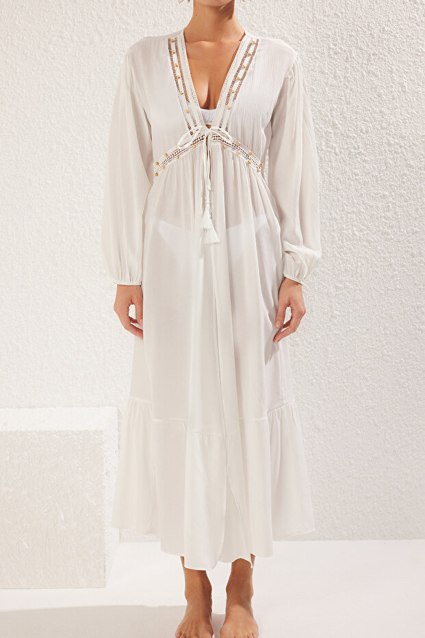 Ekru Dokuma Şeritli Maxi Plaj Kimono&Kaftan TBESS25KM00011 - 4