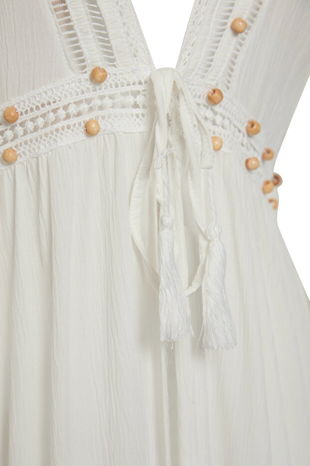 Ekru Dokuma Şeritli Maxi Plaj Kimono&Kaftan TBESS25KM00011 - 8