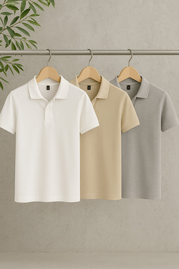 Bej-Antrasit-Beyaz Slim/Dar Kesim 3'lü Paket Polo Yaka T-shirt TMNSS25PO00047 - 1