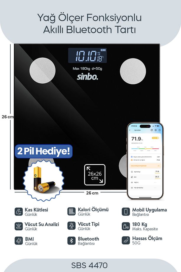SBS-4470 Bluetooth Dijital Yağ Su Kas Vücut Kitle Endeksi Kilo Ölçer Tartı Baskül - 1