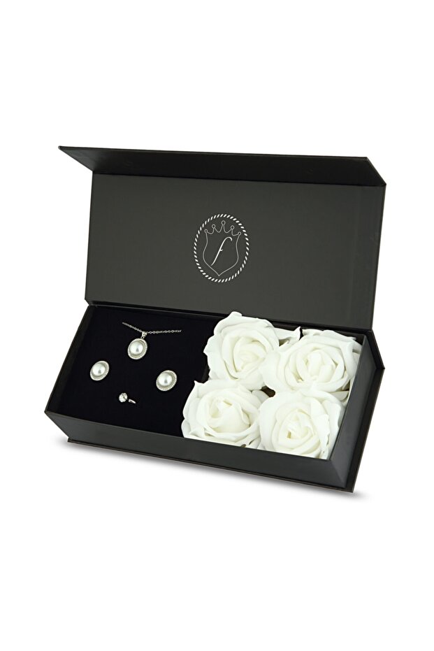 Pearl Model Necklace Earrings Ring Jewelry Set - in Rose Box - Ps 210700 En