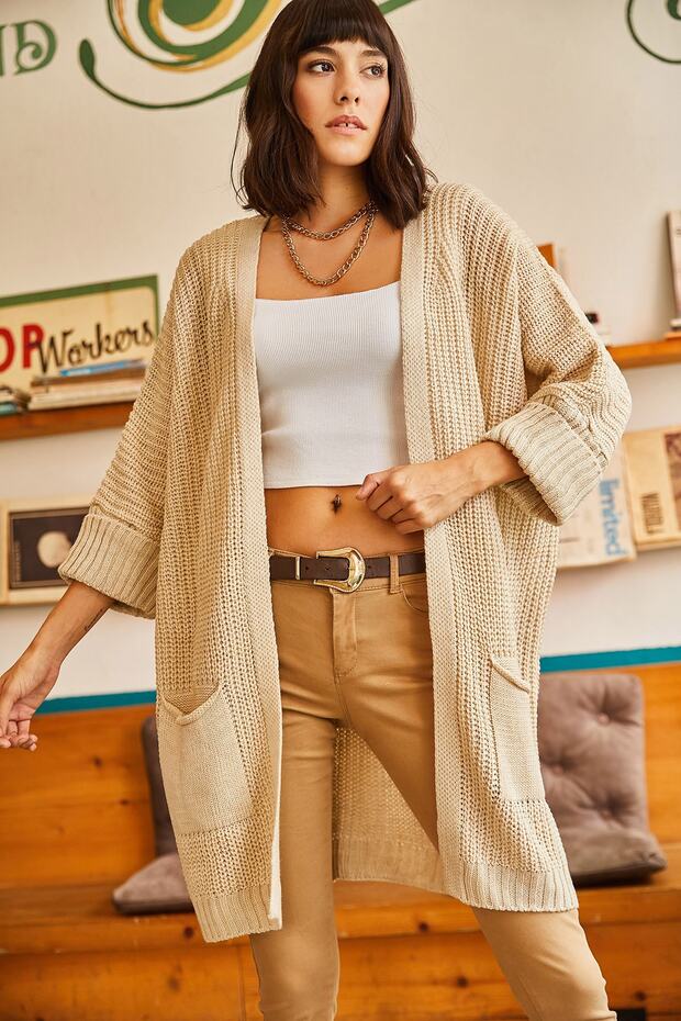 Damski kardigan z luźną dzianiną i kieszeniami z kamiennymi rękawami HRK-19000123 - 3