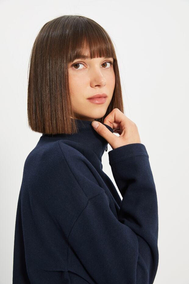 Lacivert Selanik/Triko Görünümlü Fermuarlı Yaka Regular/Normal Kalıp Örme Sweatshirt TWOAW22SW0732 - 6