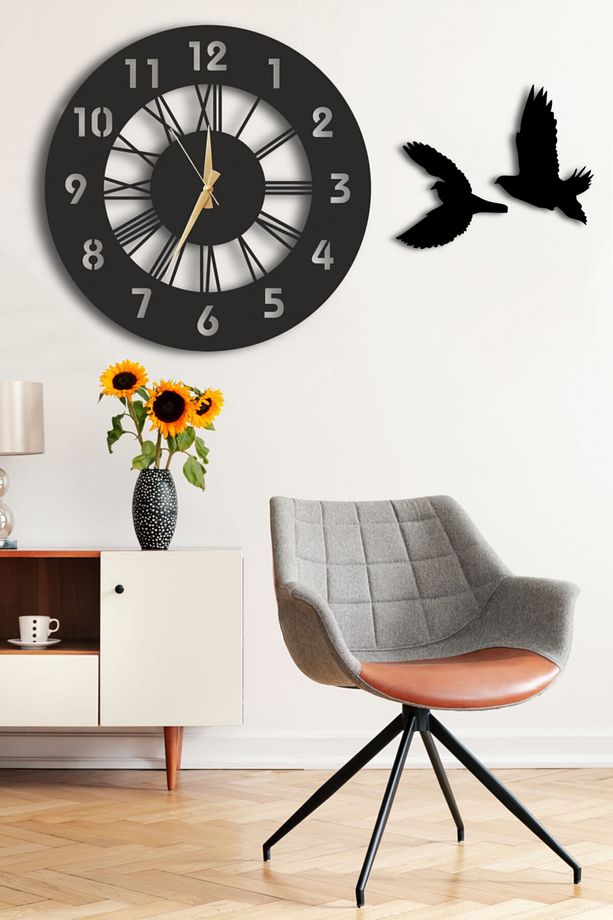 Modern Siyah Dekoratif Kuşlu Ahşap Duvar Saati Ve Tablo Seti 48x48cm Yuvarlak Tasarım - 2