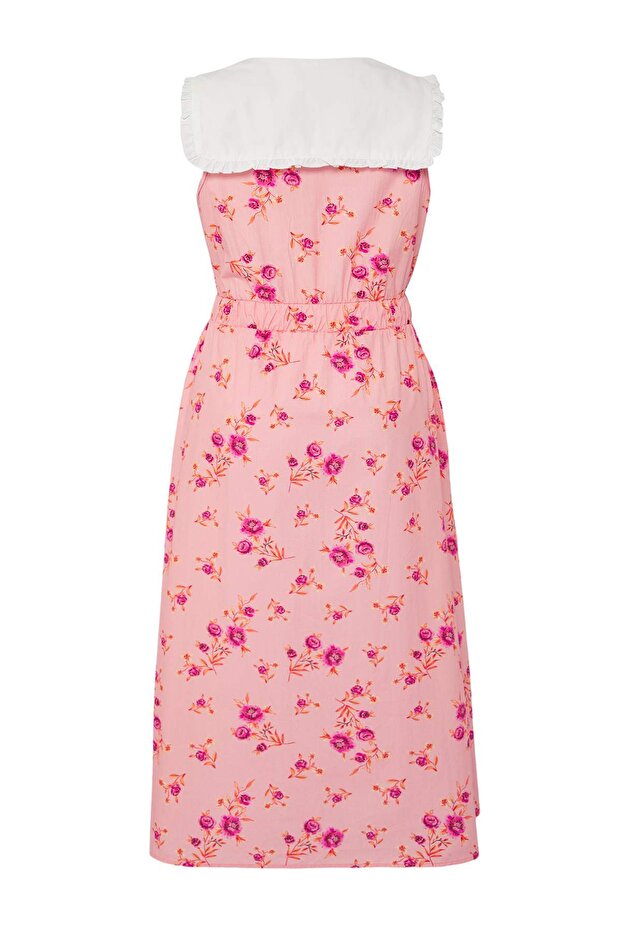 Pembe Çiçekli Poplin %100 Pamuk Bebe Yaka Midi Dokuma Büyük Beden Elbise TBBSS25AH00158 - 9