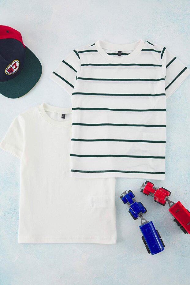 Mint-Ekru 2'li Erkek Çocuk Basic-Çizgili Regular Kalıp Kısa Kol Örme T-Shirt TKDSS25TS00025 - 1