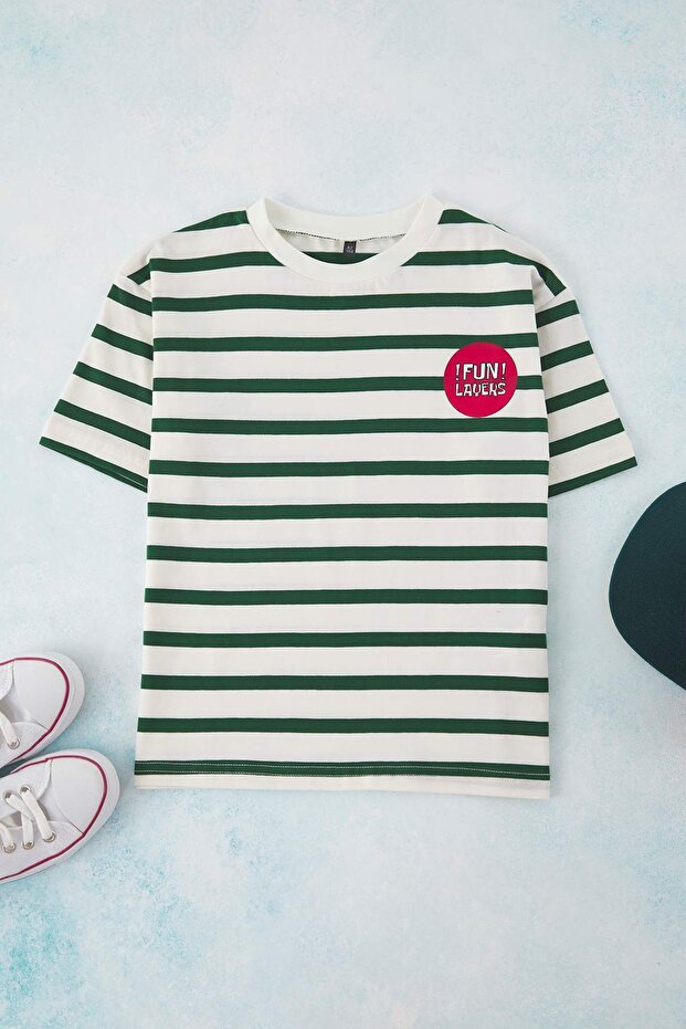 Yeşil Çizgili Örme T-Shirt TKDSS25TS00037 - 6